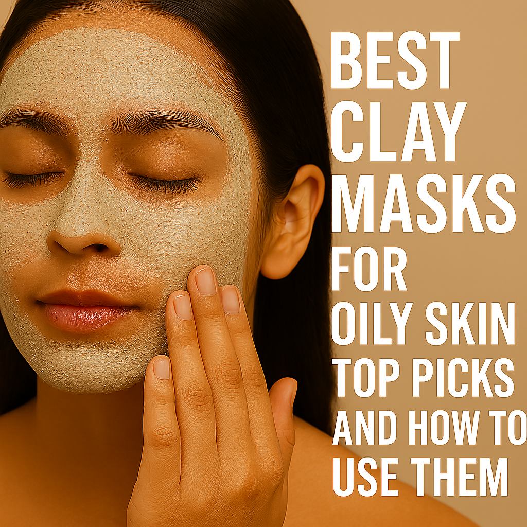 Close-up of a woman with medium skin tone applying a greenish-gray clay mask with visible exfoliating granules to her face. Eyes closed, hair pulled back, and soft warm lighting highlights the mask’s texture. Bold white text on the right reads “Best Clay Masks for Oily Skin: Top Picks and How to Use Them” against a warm beige background.