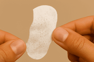 Close-up of a used white pore strip held between fingers, showing extracted blackheads and debris as tiny dark dots across its textured surface. Warm beige background with soft lighting highlights the strip’s details, making it ideal for skincare and beauty blog posts.