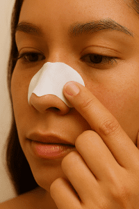 Close-up of a person gently pressing a white pore strip onto their nose to remove blackheads. Soft lighting highlights skin texture and clean fingertips