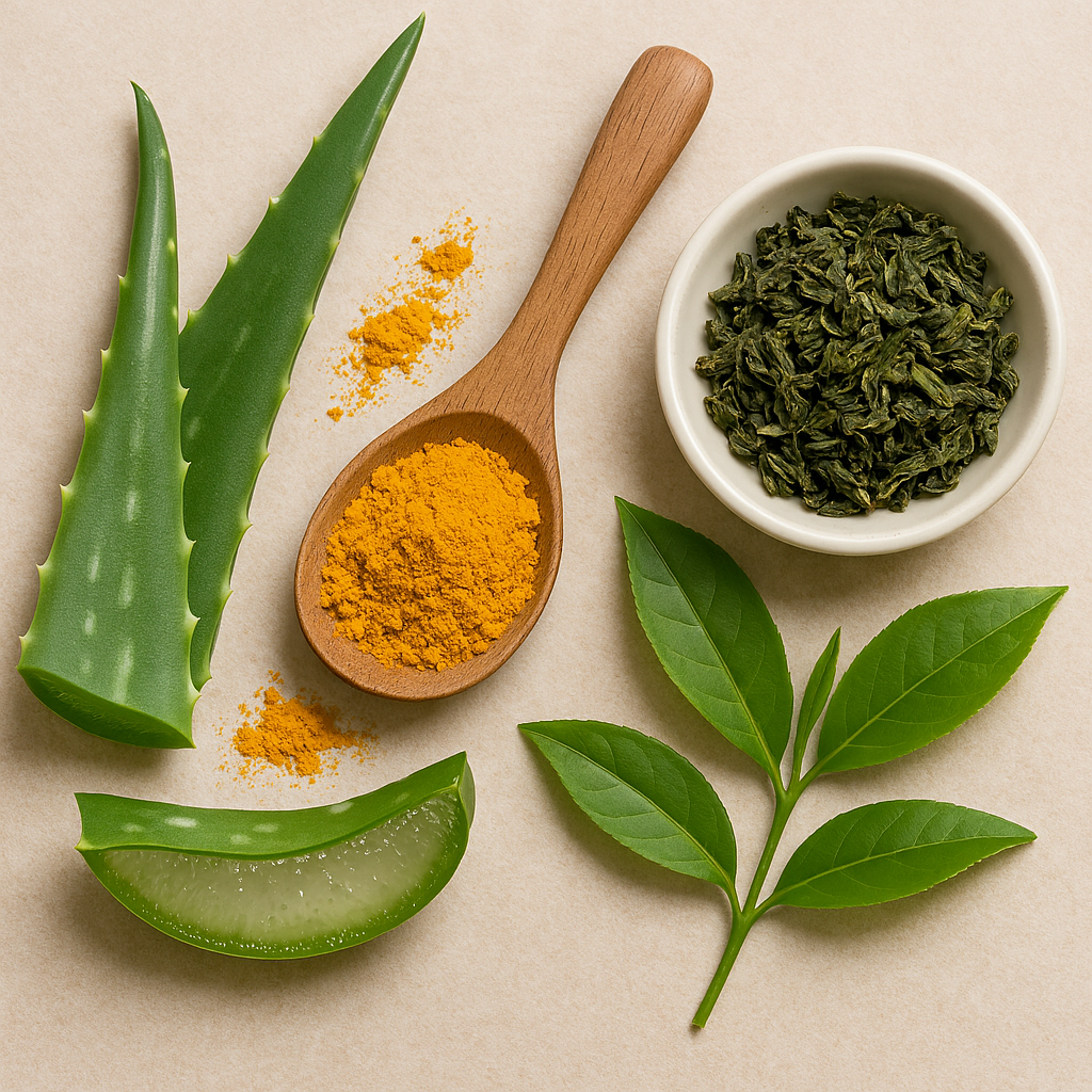 A flat-lay composition of natural skincare ingredients
