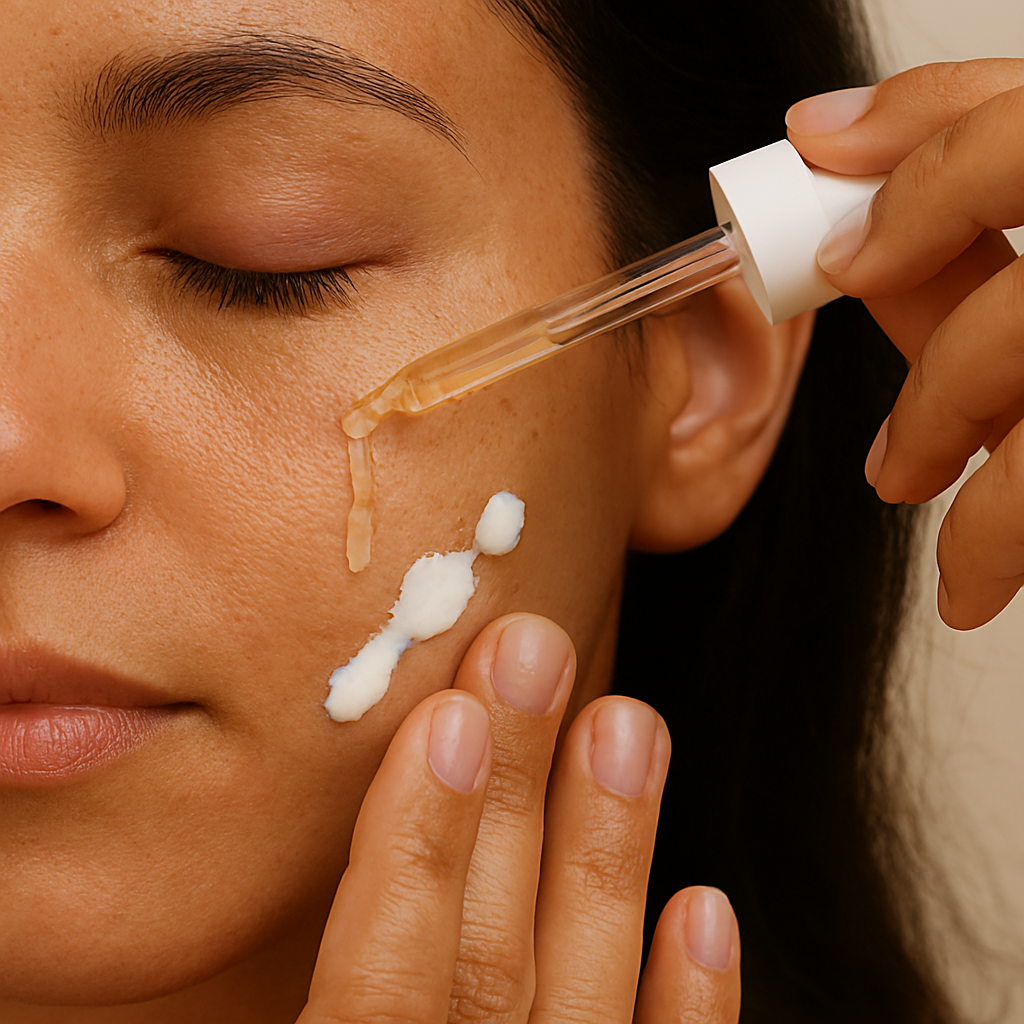 Close-up of a personโs face during a morning skincare routine, applying clear serum with a dropper to one cheek while gently spreading white sunscreen with fingertips on the other.