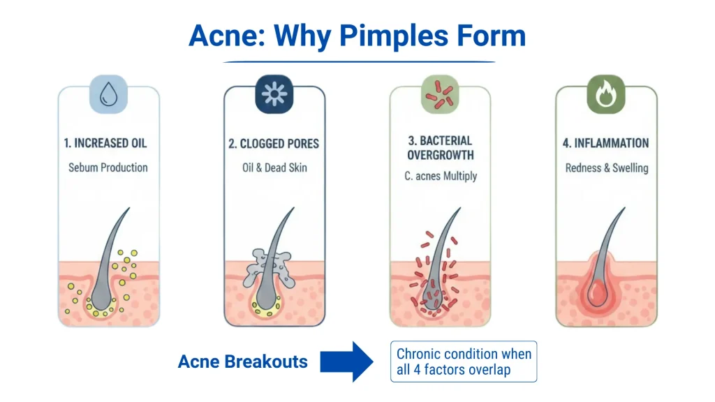 Illustration showing healthy facial skin and the common causes of pimples.