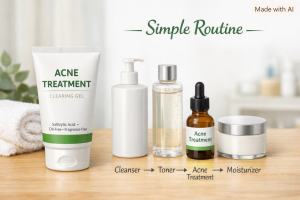 Acne treatment product included in a simple skincare routine