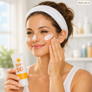 Applying sunscreen as part of a daily acne-prone skincare routine
