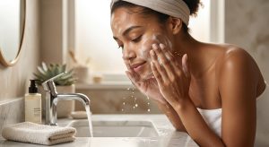 Person gently washing their face as part of an acne prevention routine