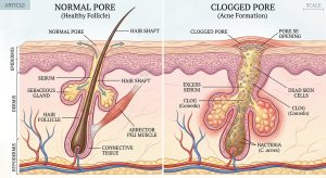 Medical illustration showing how oil and dead skin cells can clog a pore
