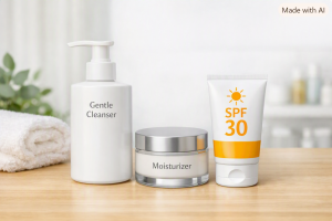 Three basic steps of an acne-prone skin routine including cleanser moisturizer and sunscreen